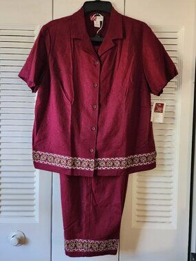 Jennifer Moore Burgundy Linen Blend Capri Length Pantsuit Embroidered WM Size 16